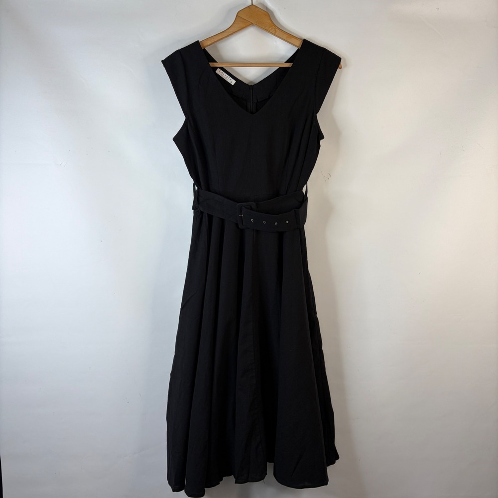 Calista Midi Swing Dress Womens Size M Black Belted V-Neck Cotton Pockets